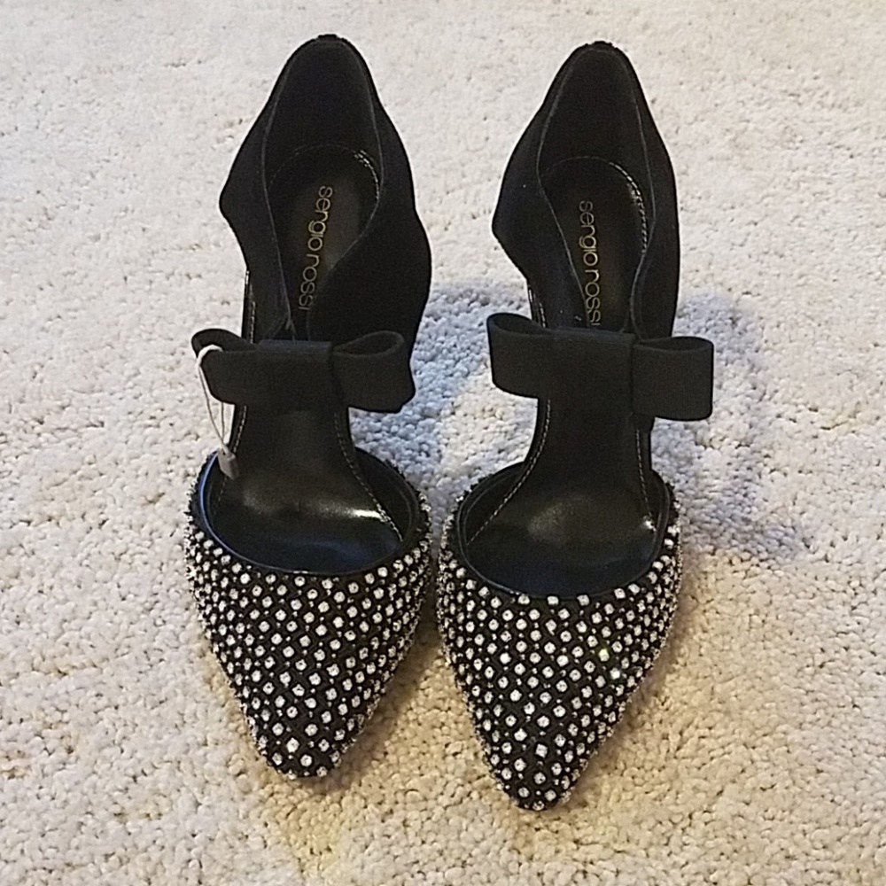 NIB Sergio Rossi Bow And Crystal Velvet Pumps